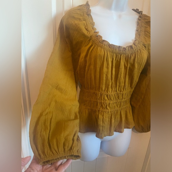 Sophia Top in Textured Gold Plaid w/Smocked Waist and Long Peasant Sleeves, Med - Picture 3 of 10